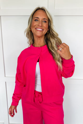 Weekend Reset Two Button Cardigan in Raspberry Pink