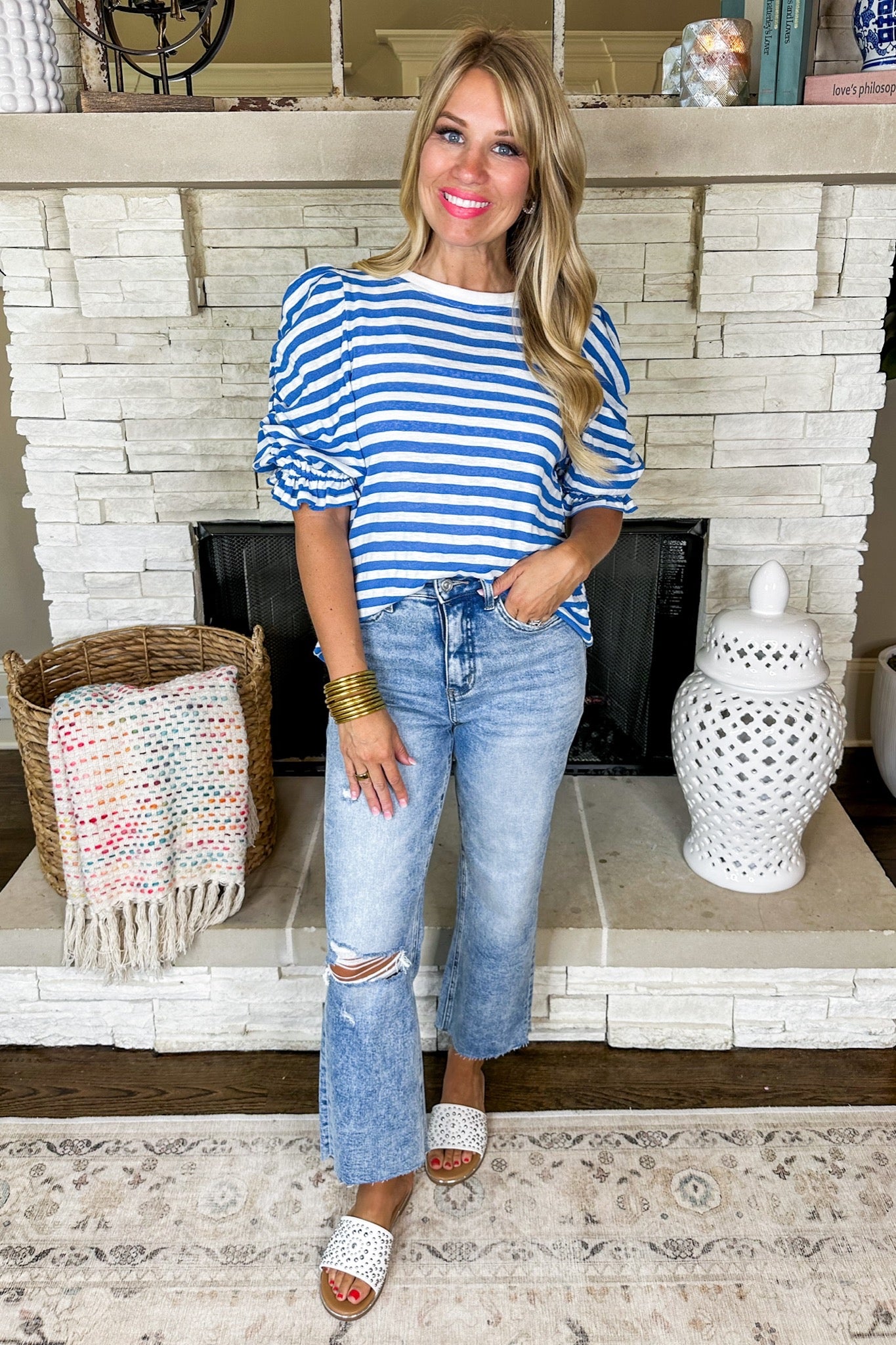 Closet Staple Cinched Puff Sleeve Striped Top in Blue
