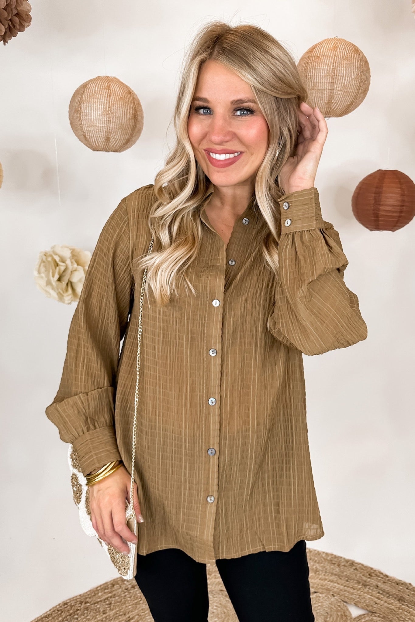 Textured Button Front Long Sleeve Top in Mocha
