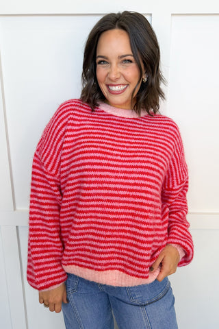 Cozy Season Stripe Knit Sweater in Red & Pink