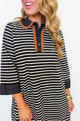 Prep Talk Stripe Collared Dress in Black