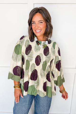 Abstract Dot Print Top in Olive