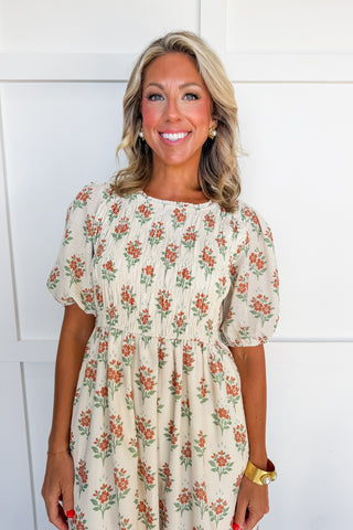 Autumn Petal Smocked Midi Dress