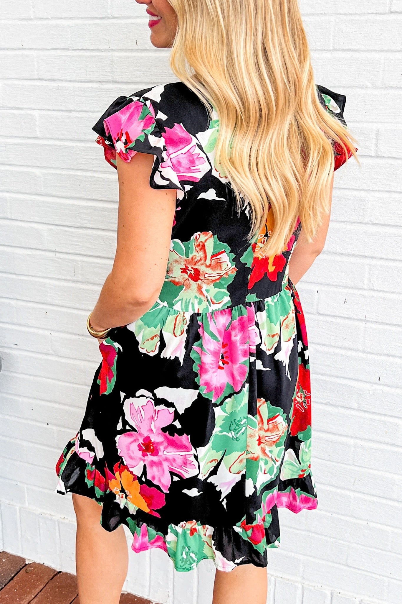 Floral Pocketed Ruffle Sleeve Dress in Black
