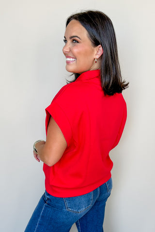 Quarter Zip Red Short Sleeve Top