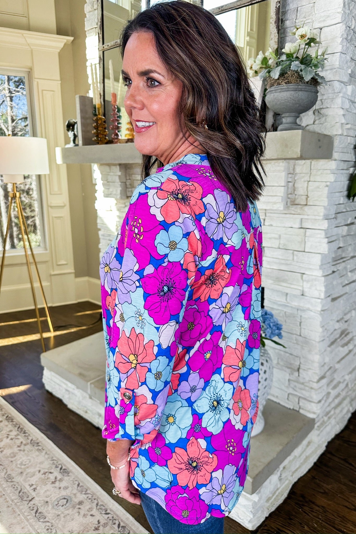 The Lizzy Top in Blue/Magenta Bright Floral