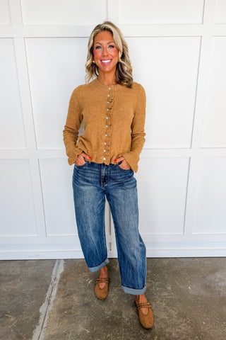 Caramel Kiss Ruffle Hem Button Front Cardigan