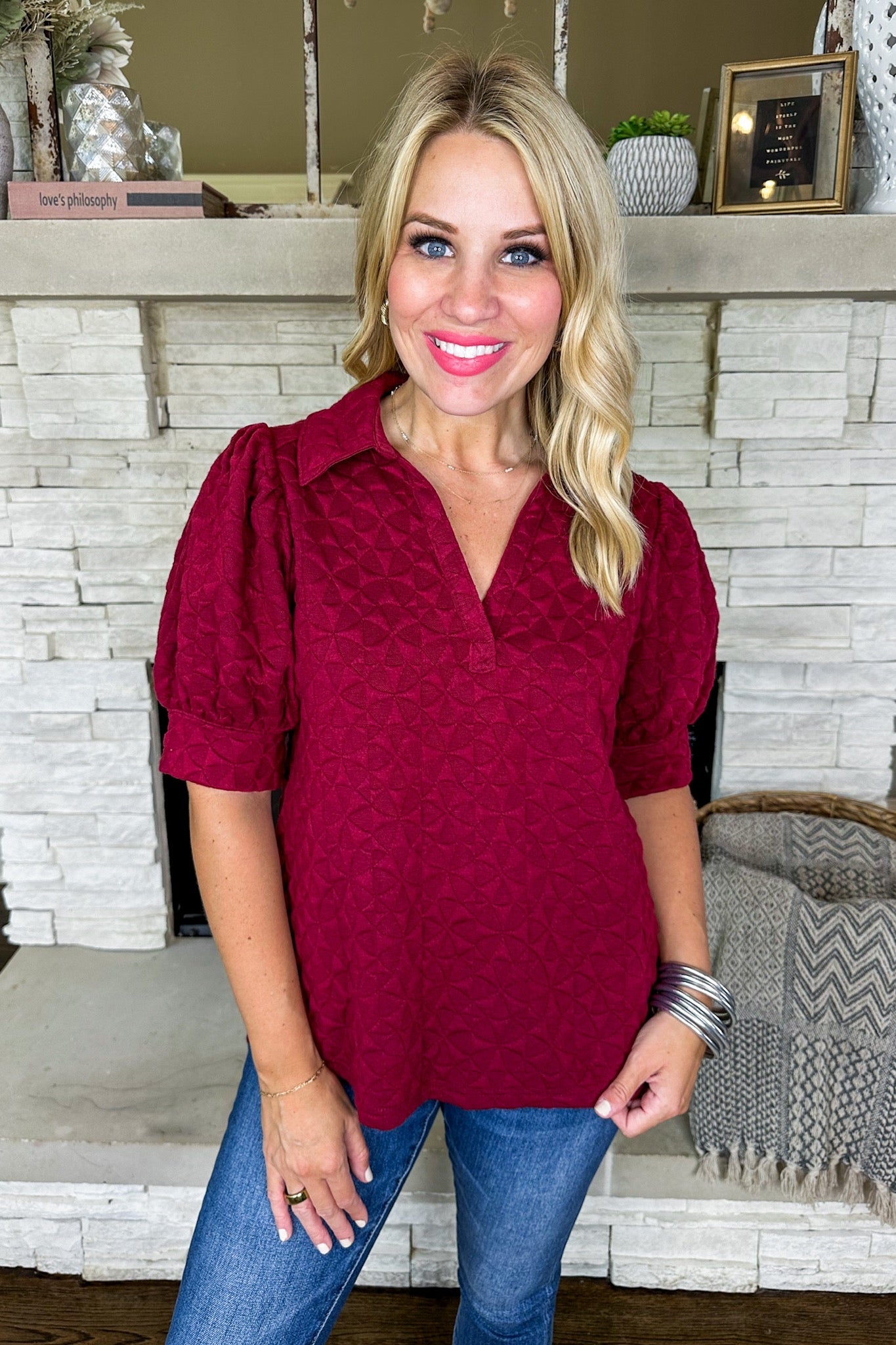 Geometric Jacquard Burgundy Puff Sleeve Collared Top