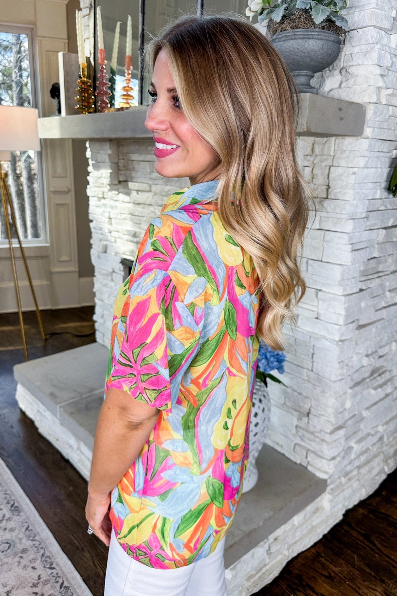 Jenny’s Tropical Leaf Print Button Down Collared Top