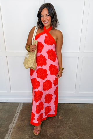 The Kara Beth Halter Midi Dress in Orange & Pink