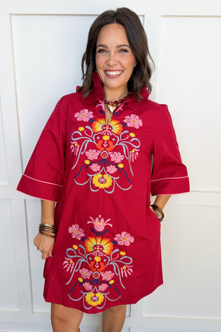 Folk Song Embroidered Shift Dress in Burgundy