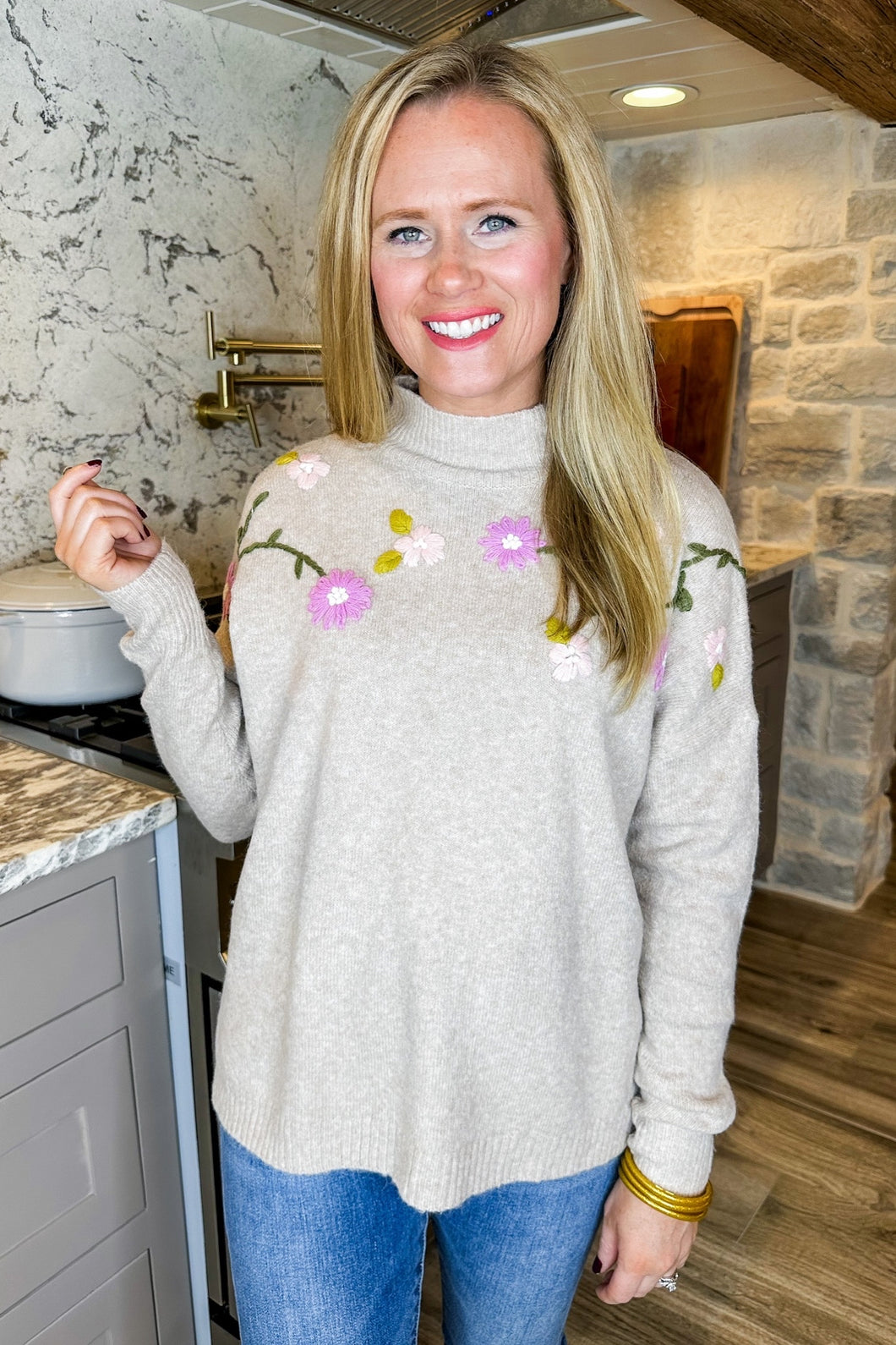 Embroidered Flowers Soft Knit Sweater in Taupe