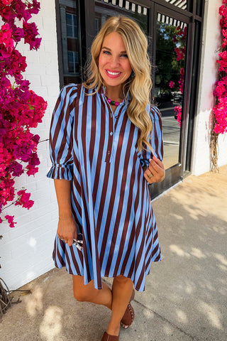 Stripe Me Pretty Dress in Blue & Brown
