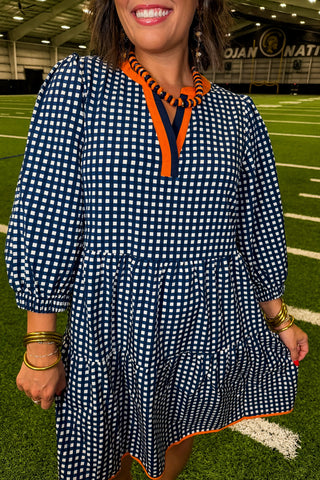 The Cooper Dress in Gingham Navy/Orange by Mary Square
