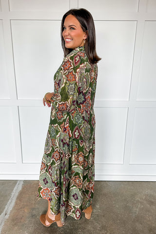 Paisley Printed Olive Maxi Dress