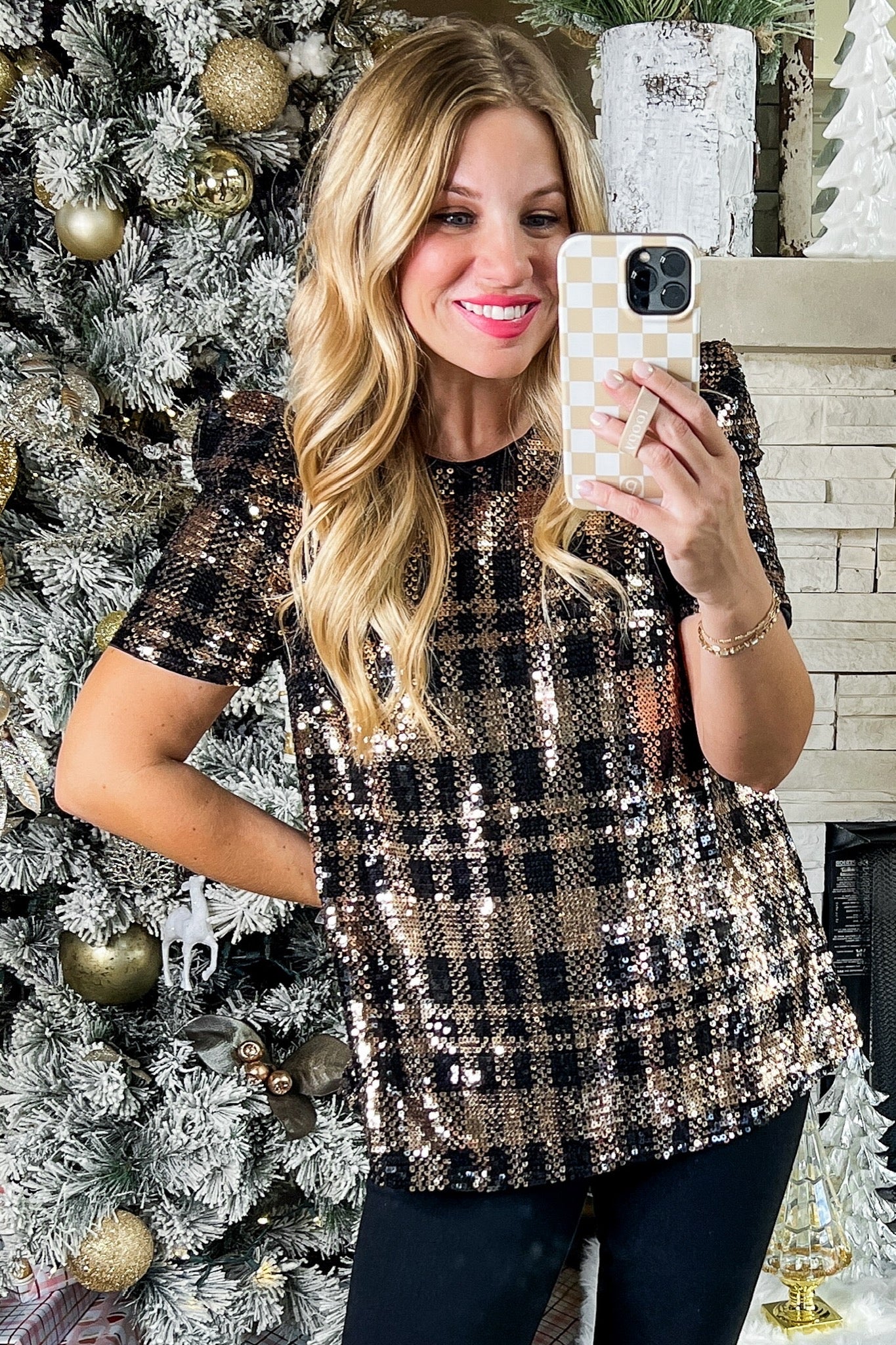 Full Sequin Plaid Puff Sleeve Top by THML in Black/Gold