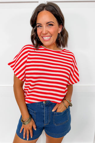 All American Stripe Knit Top in Red & White