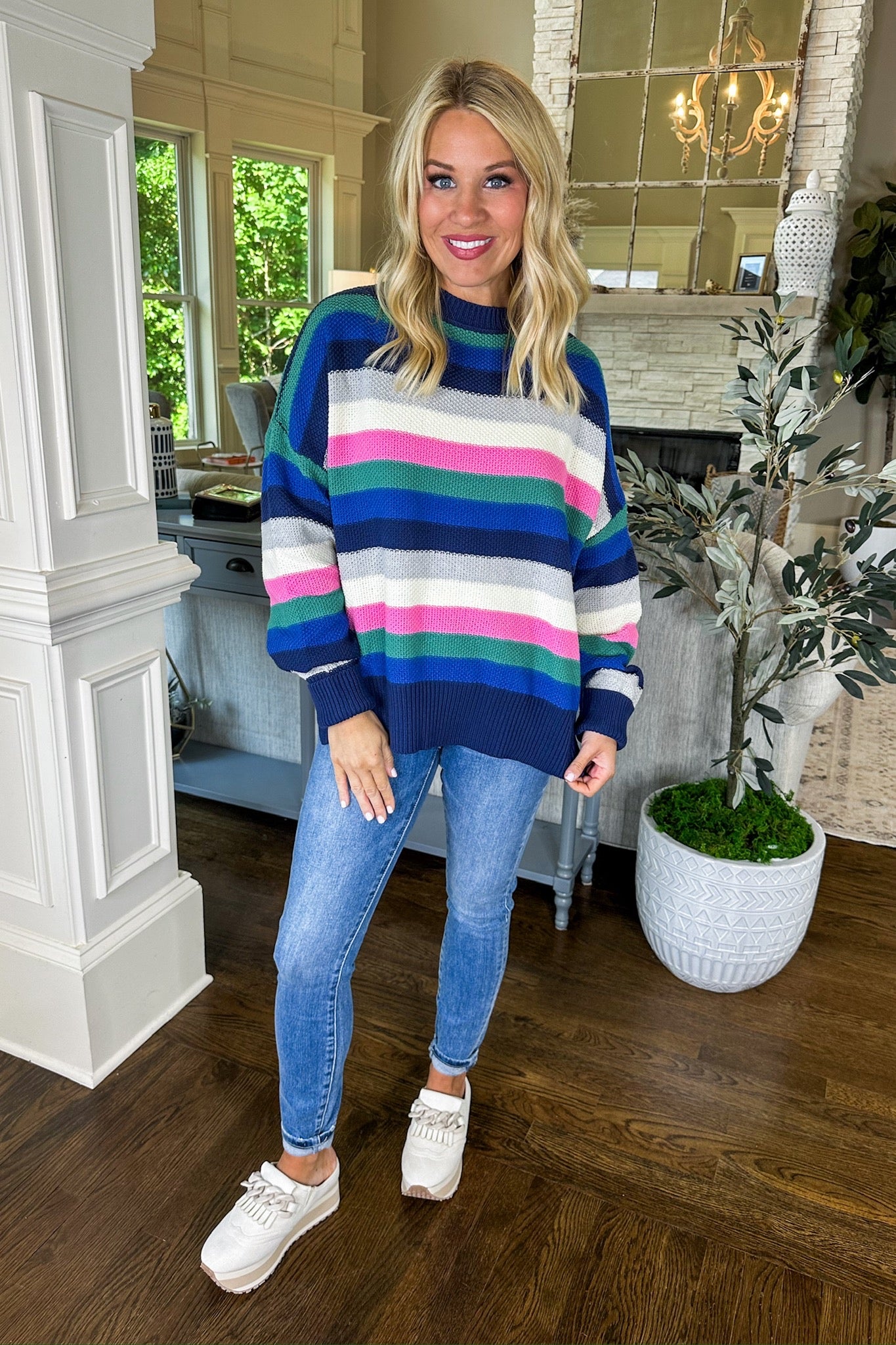 Oversized Multi Color Striped Knit Sweater in Navy Mix