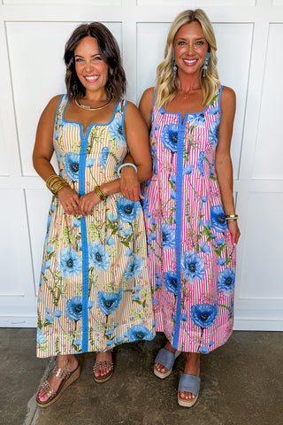 Just Feels Right Stripe Dress in Taupe & Blue Floral