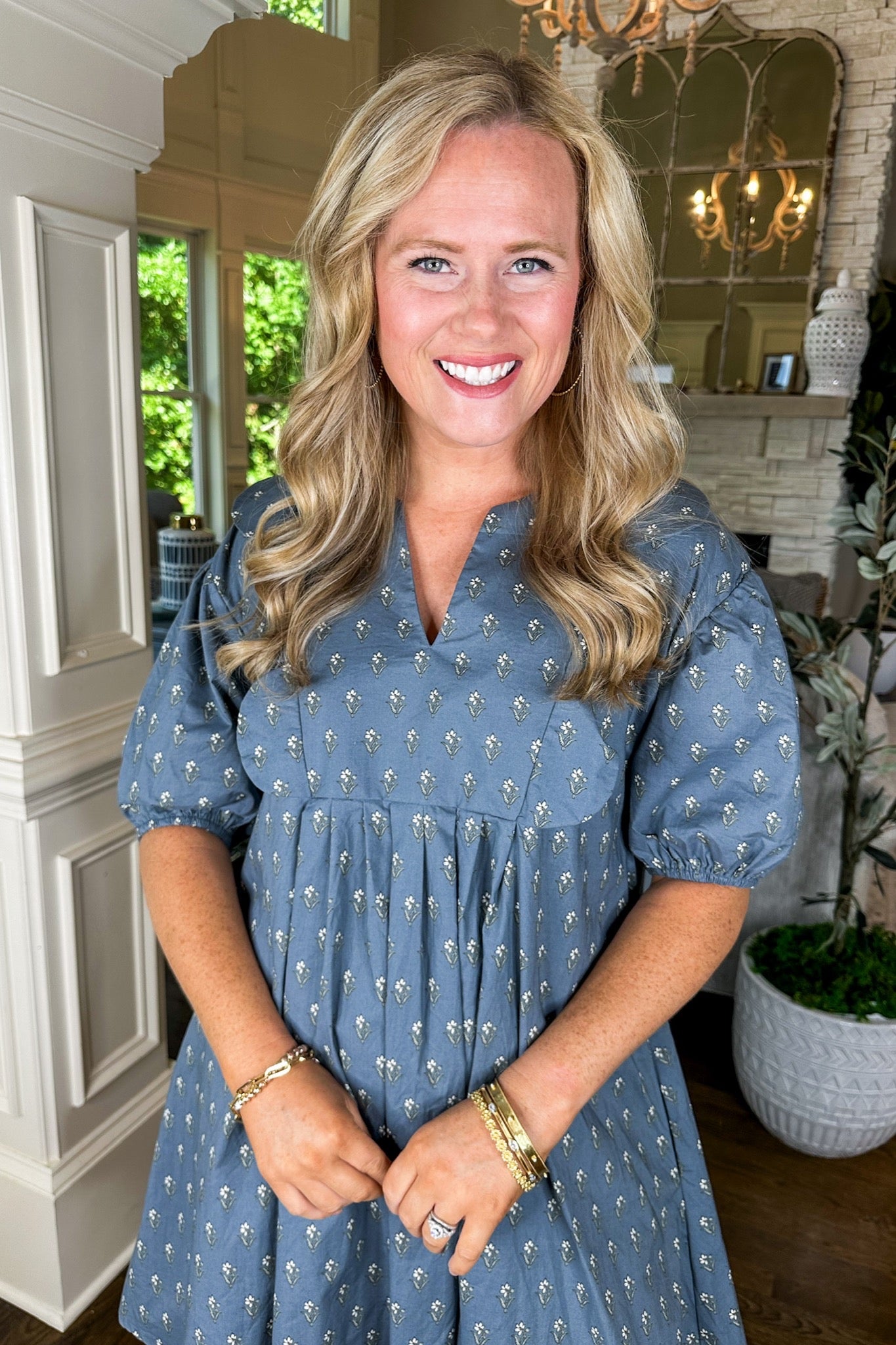 Slate Blue Scallop Ruffle Notch Neck Floral Dress