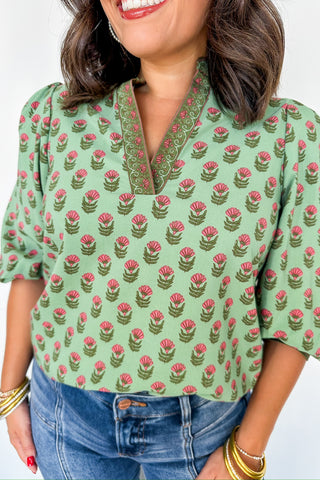 Mary Square Tamryn Top in Floral Foulard Vineyard Green