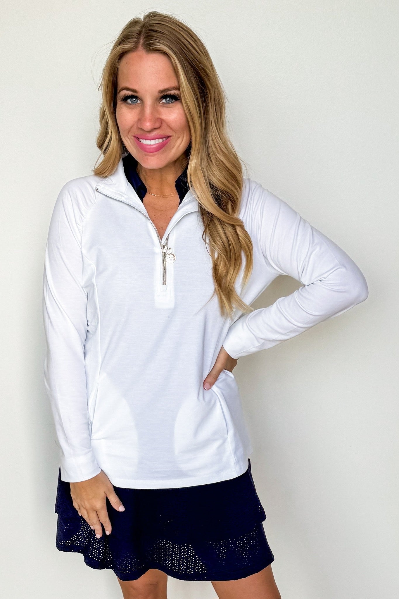 Quarter Zip Pocketed Athletic Pullover in White