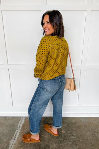 Soft Escape Bubble Hem Top in Gold & Black Dots