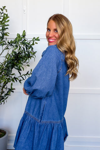 Denim Darling Tie Neck Drop Waist Dress