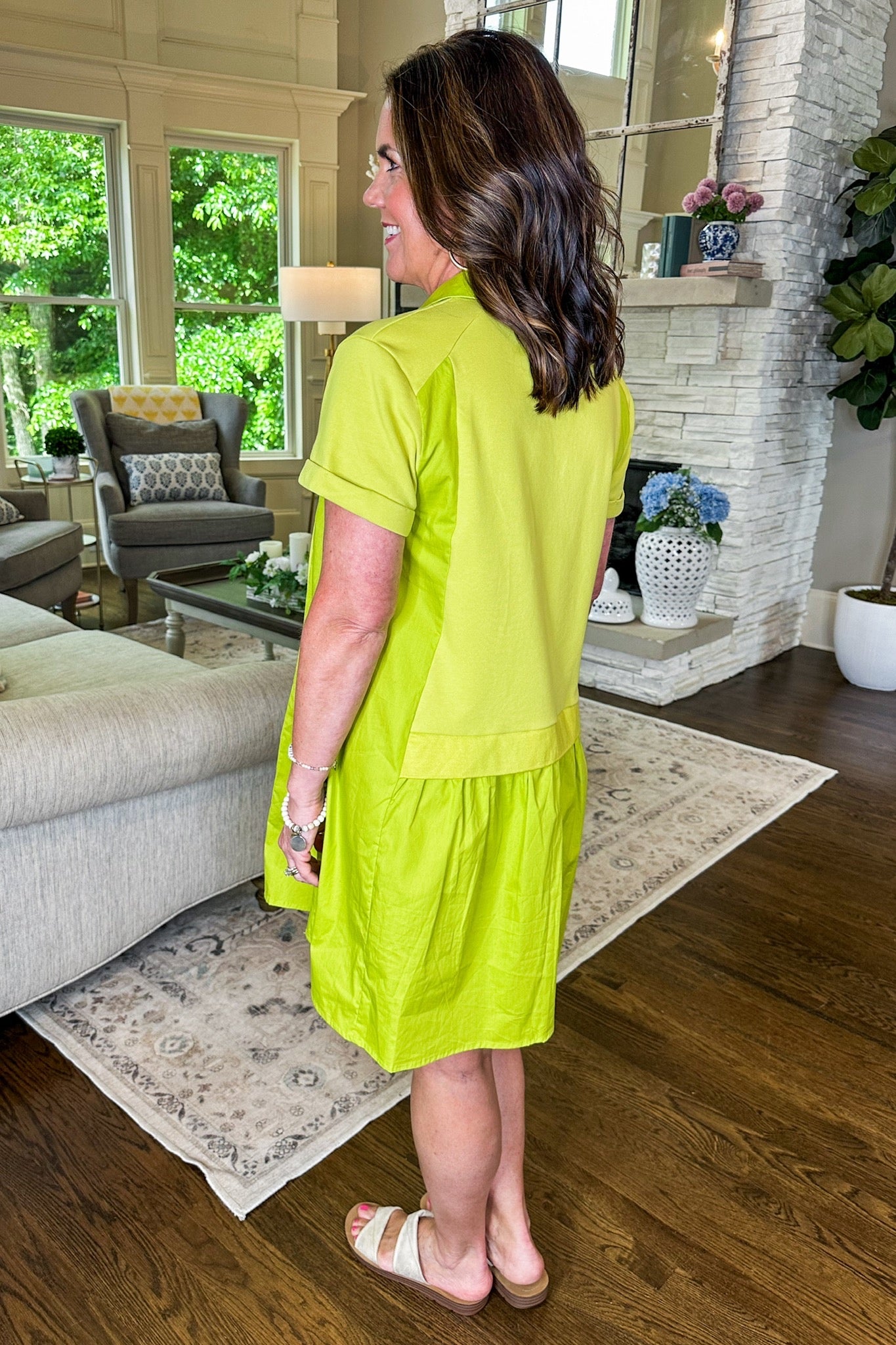 Collared Drop Sleeve Contrast Dress in Lime