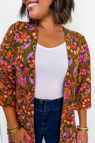 Dear Scarlett Lizzy Gather Sleeve Cardigan in Olive Floral