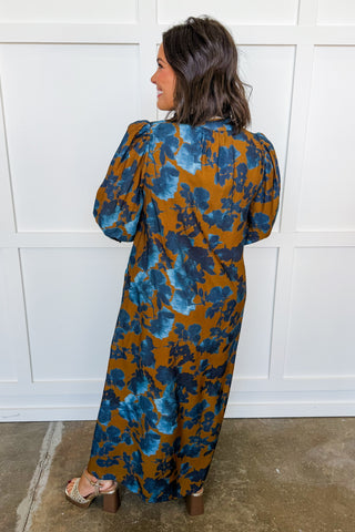 Social Season Button Front Midi Dress in Camel & Blue Floral