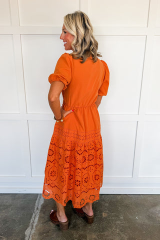 Amber Glow Eyelet Midi Dress