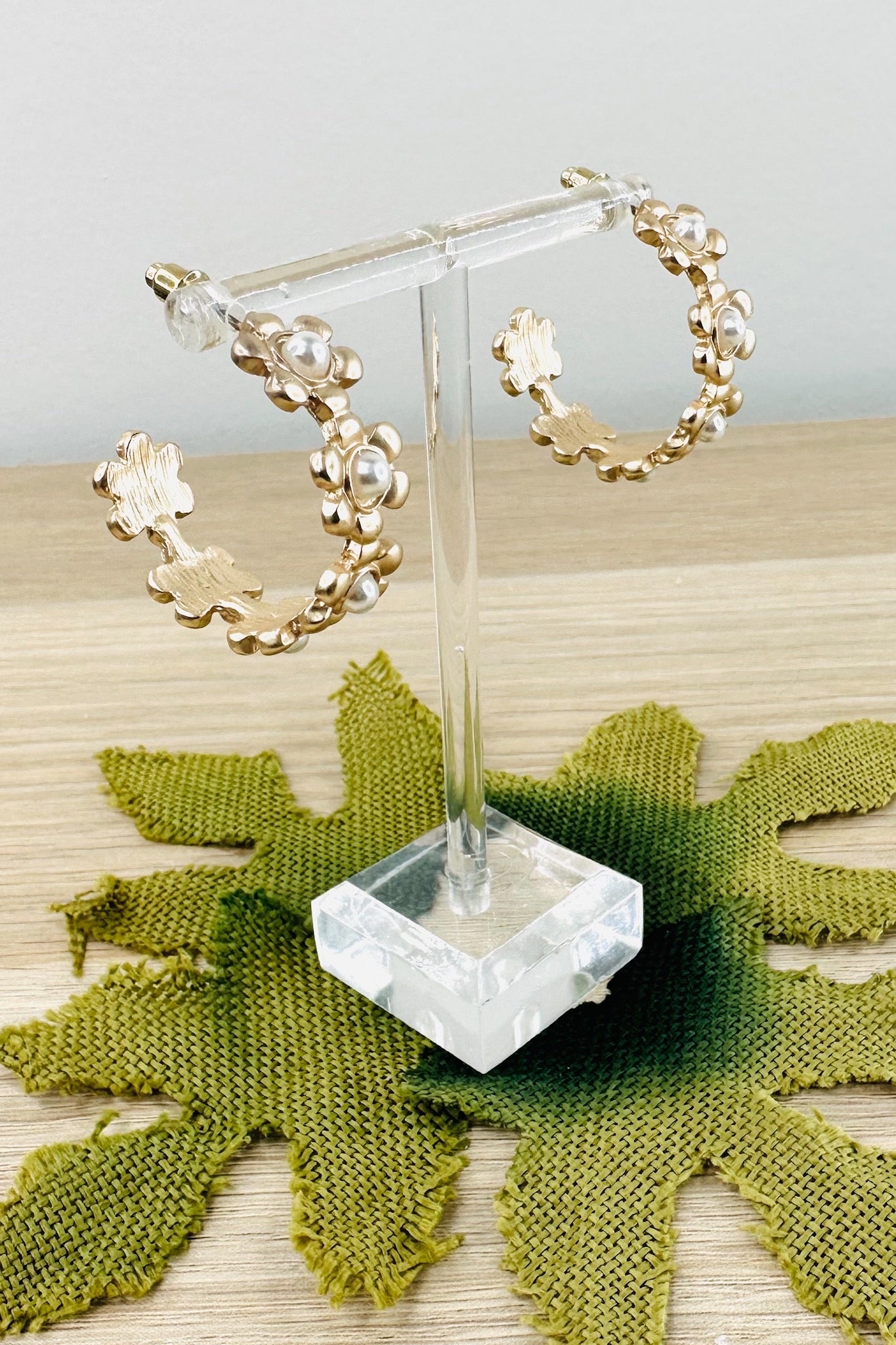 Gold Pearl Flower Jesse Hoop Earrings