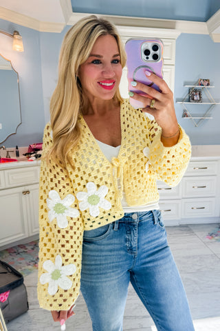 Oopsie Daisy Tie Front Crochet Cardigan in Yellow