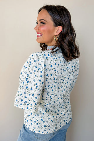 Floral Pop White & Blue Stripe Top