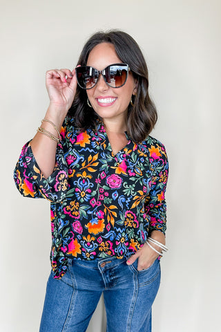 Dear Scarlett Liz Bell Printed Top in Black & Colorful Print