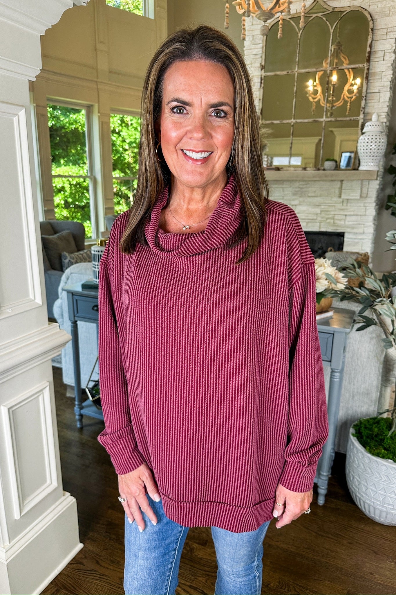 The Hadley Ribbed Cowl Neck Long Sleeve Top in Wine