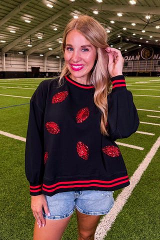 The Millie Football Sweatshirt in Red/black Footballs by Mary Square