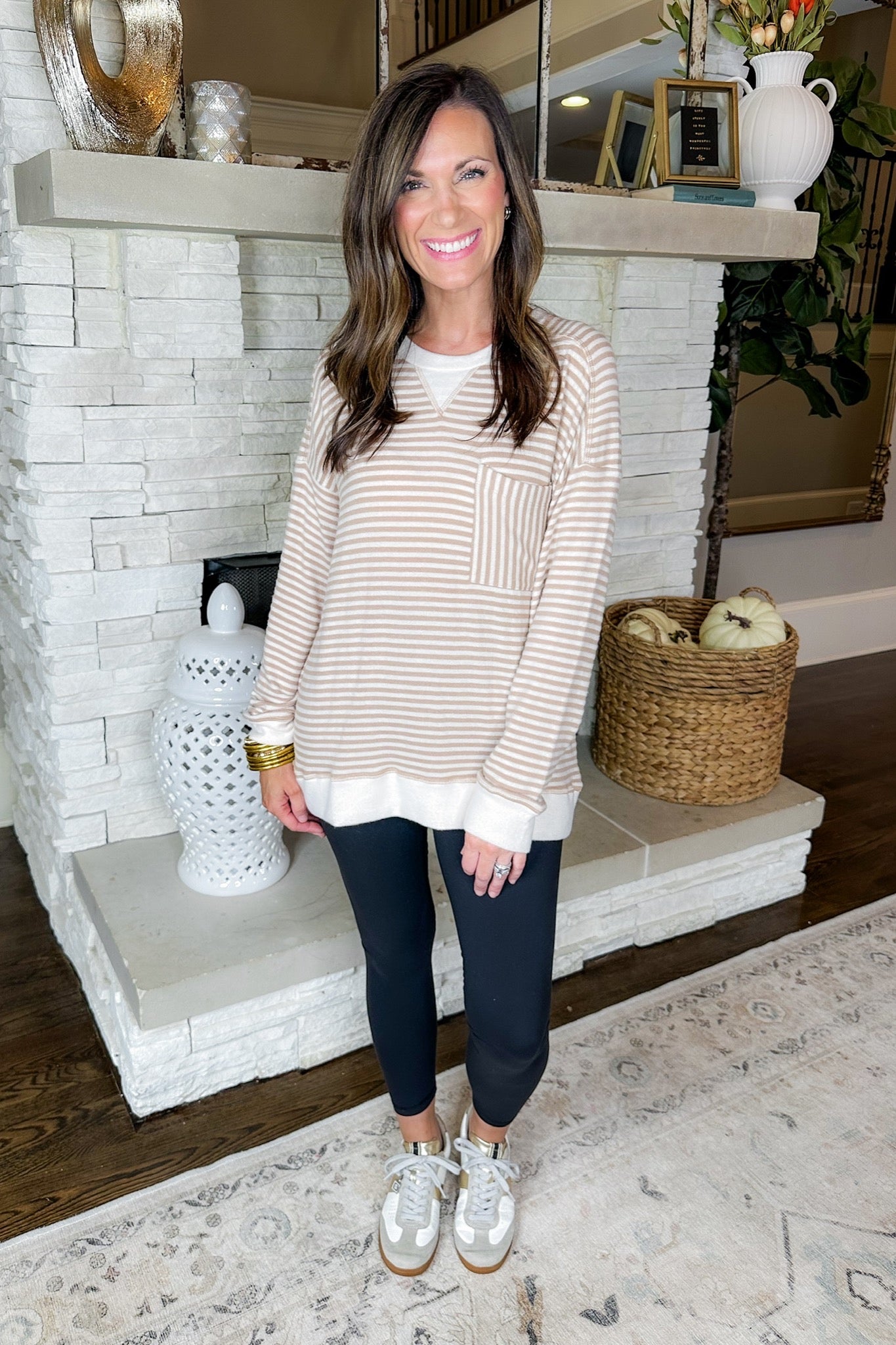 Soft Taupe & Ivory Striped Pocketed Long Sleeve Top