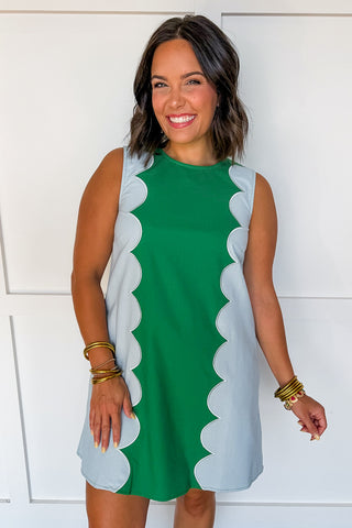 Scallop Pop Shift Dress in Green & Blue