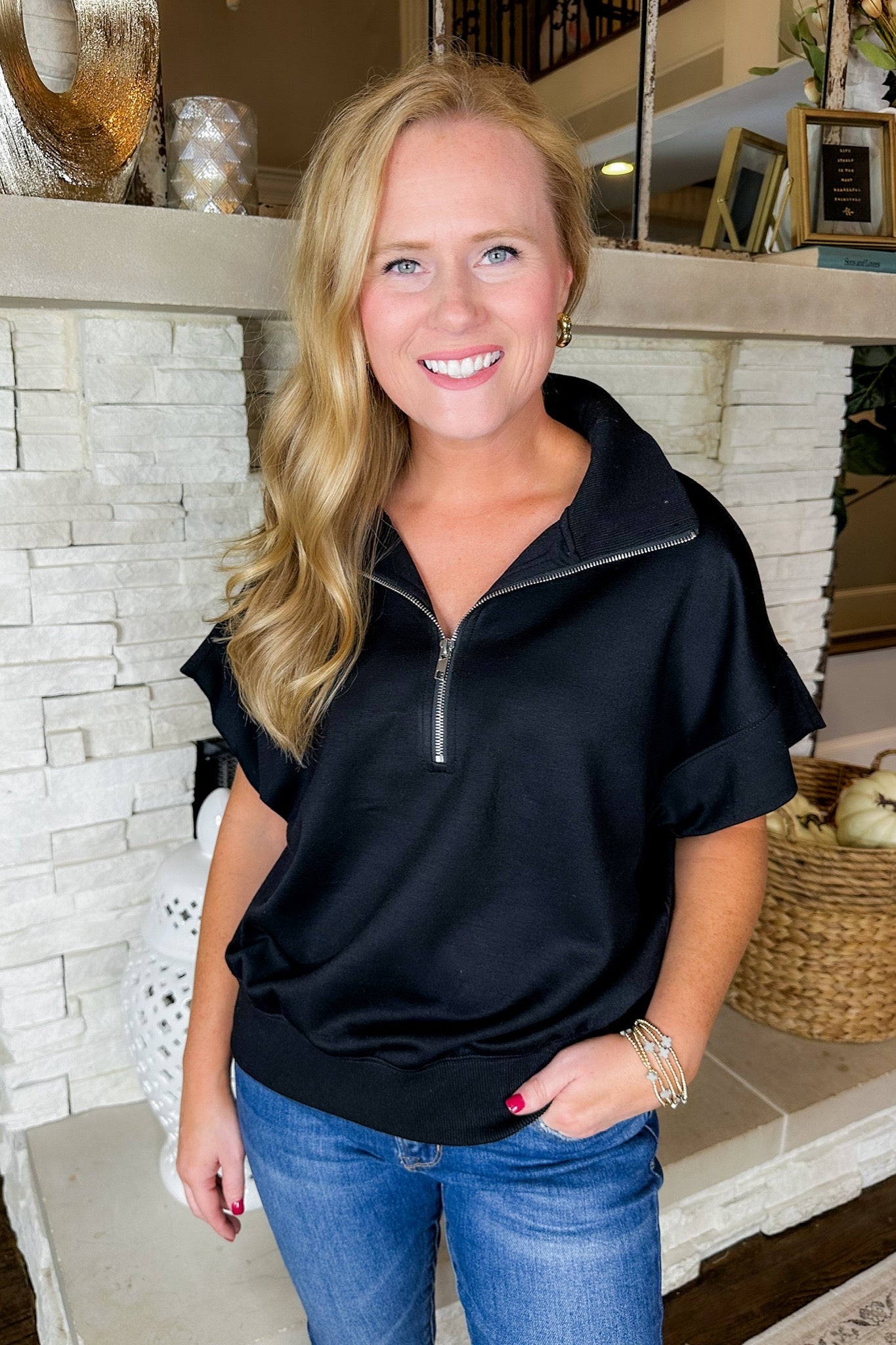 Buttery Soft Black Collared Quarter Zip Short Sleeve Pullover