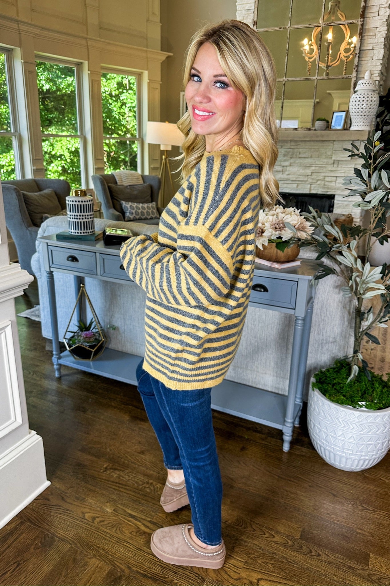 Cozy Knit Grey & Mustard Yellow Striped Sweater