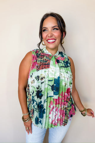 Bright Blooms Pleated Sleeveless Blouse