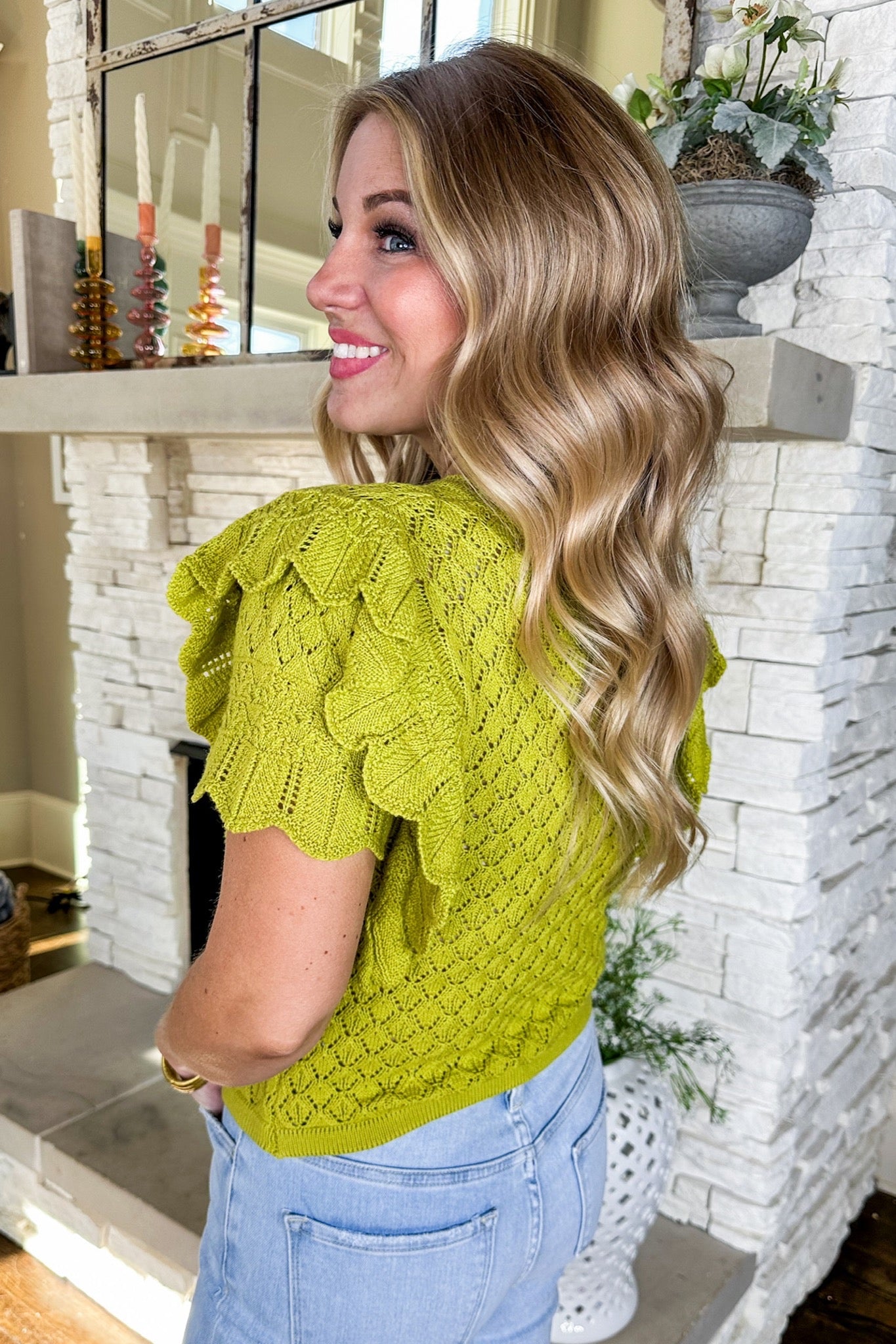 Crochet Knit Ruffle Sleeve Top in Lime