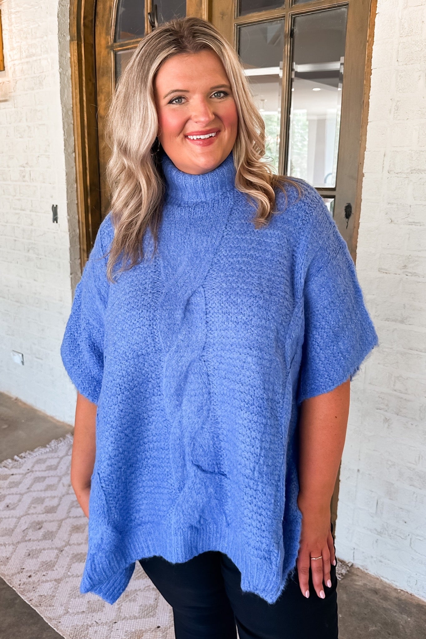 Muted Blue Turtleneck Cable Knit Short Sleeve Sweater