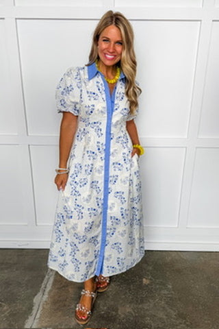 Porcelain Blue Floral Midi Dress
