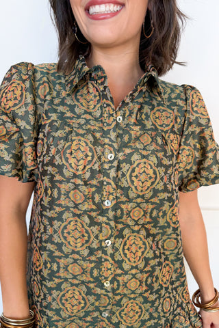 Printed Promise Drop Waist Dress in Hunter Green