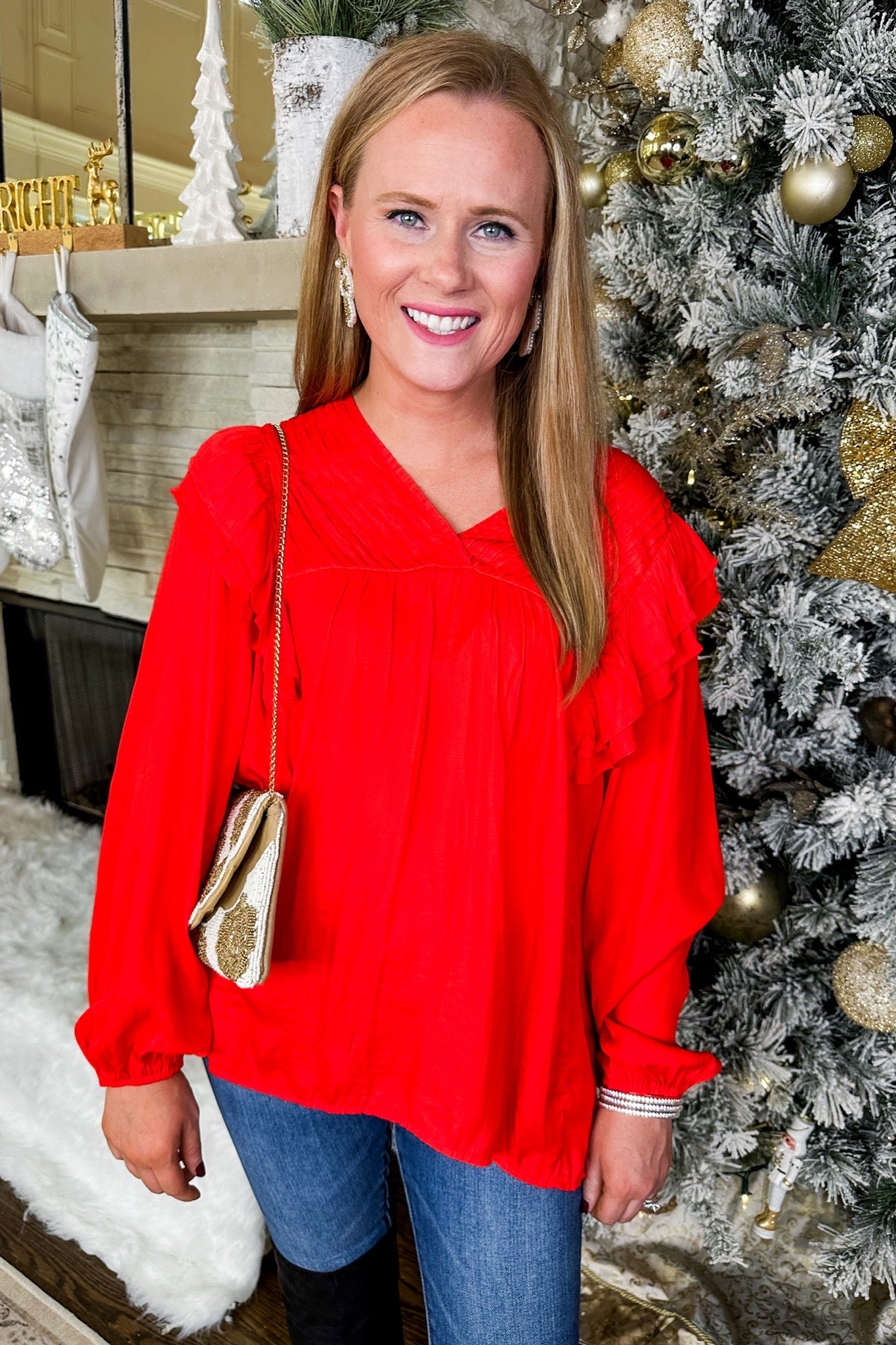 Pleated Ruffle Sleeve Classic Top in Red