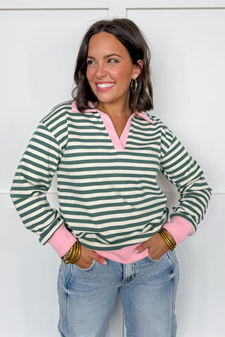 Changed for the Better - Green Long Sleeved Collared Striped Top with Pink Contrast