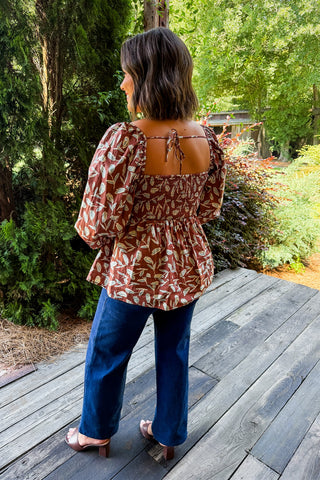 Featherleaf Pintuck Babydoll Top in Brown